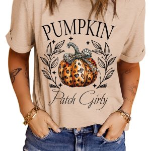 Women's Festive Halloween Graphic T-Shirt - Khaki with Leopard Bowknot Design - Main View