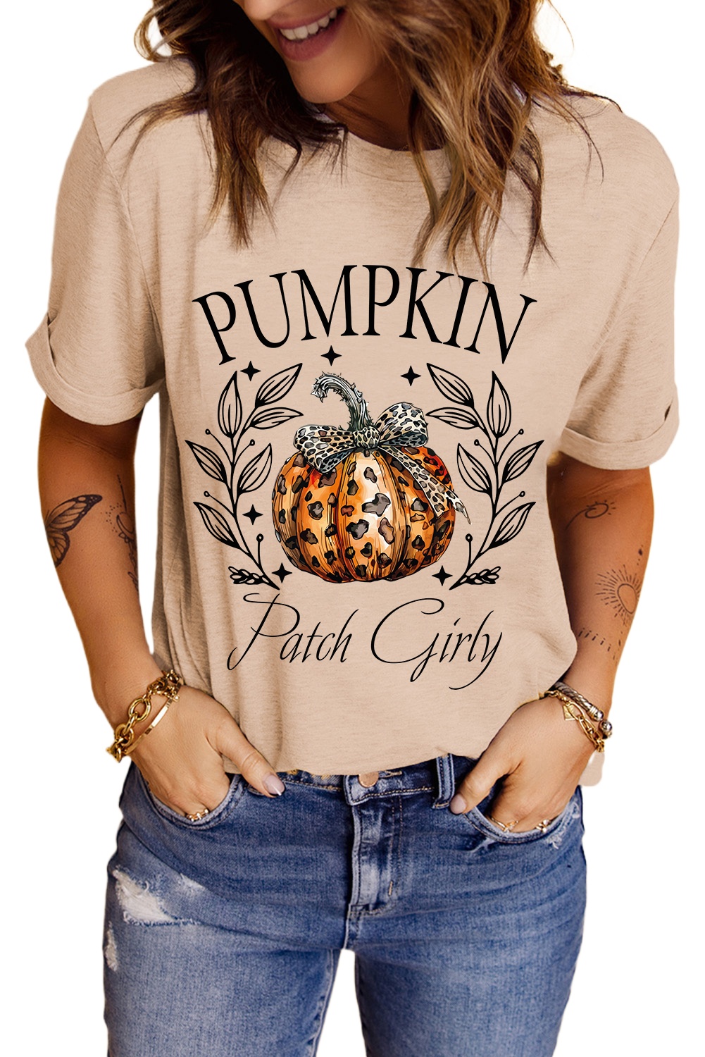 Women's Festive Halloween Graphic T-Shirt - Khaki with Leopard Bowknot Design - Main View Women's Festive Halloween Graphic T-Shirt - Khaki with Leopard Bowknot Design - Main View