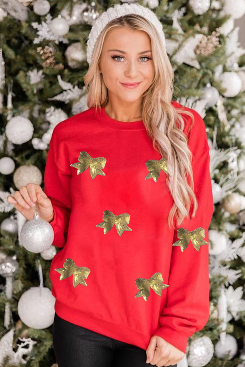Festive Christmas Sweatshirt with Red Bowknot Patchwork Design - Detail View 2 Festive Christmas Sweatshirt with Red Bowknot Patchwork Design - Detail View 2