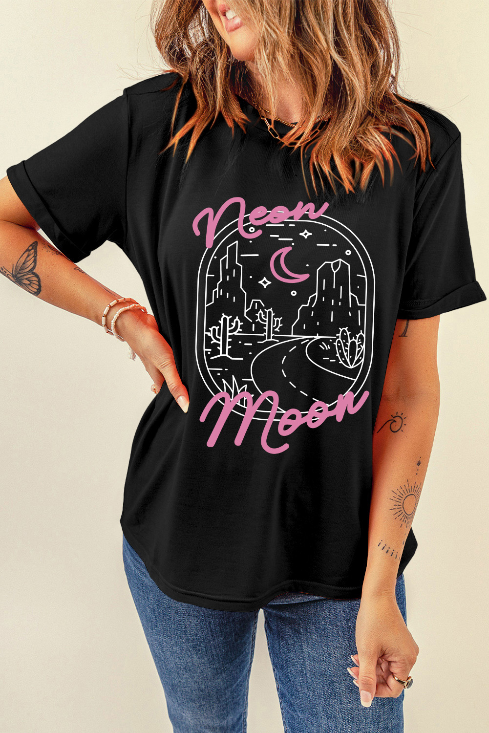 Celestial Vibe Graphic Tee - Black with Neon Moon Letter Graphics - Detail View 7 Celestial Vibe Graphic Tee - Black with Neon Moon Letter Graphics - Detail View 7