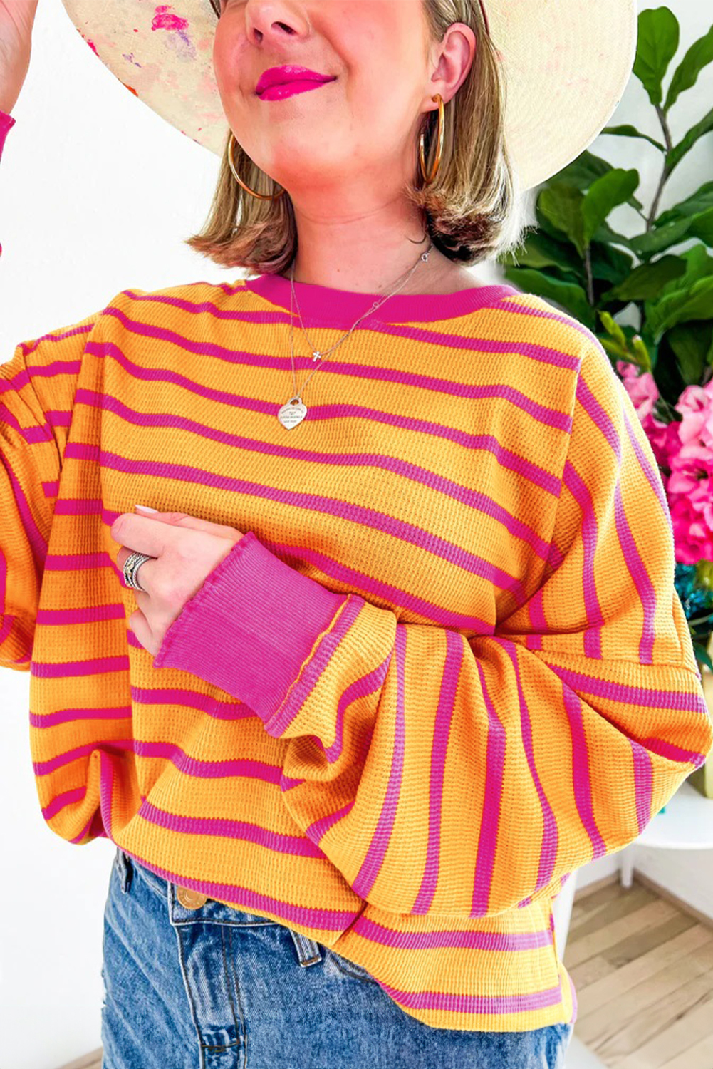 Women's Orange Striped Round Neck Drop Shoulder Loose Sweater - Detail View 6 Women's Orange Striped Round Neck Drop Shoulder Loose Sweater - Detail View 6