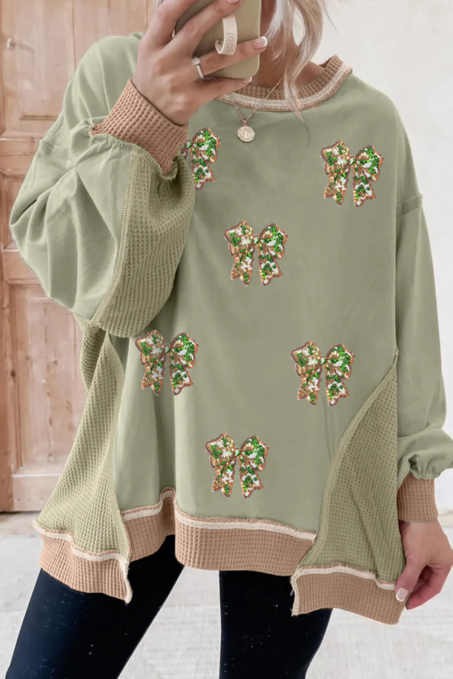 Casual Long Sleeve Sweatshirt, Women's Smoke Green Sequin Bow - Detail View 3 Casual Long Sleeve Sweatshirt, Women's Smoke Green Sequin Bow - Detail View 3