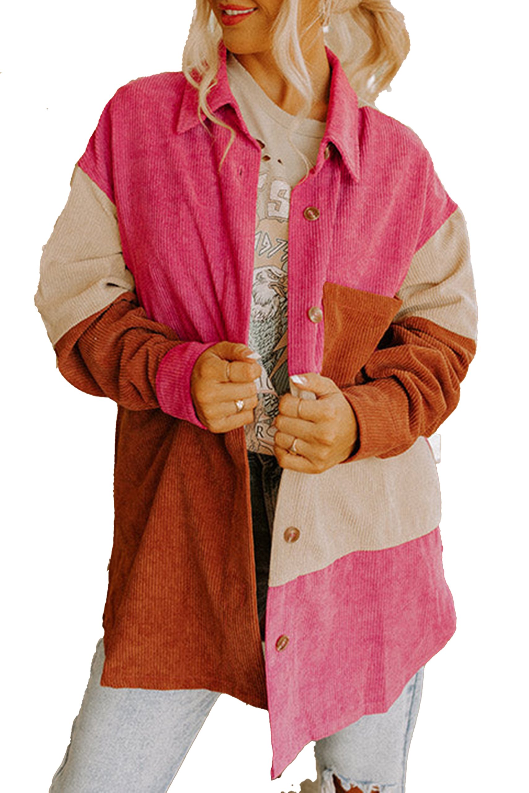 Women's Shacket, Rose Red Colorblock, Curved Hem, Corduroy, Long Sleeve, Outerwear, Winter, Daily Wear, Trendy Design, Patched Pocket, Casual Style, Versatile, Color Block, Jackets - Detail View 5 Women's Shacket, Rose Red Colorblock, Curved Hem, Corduroy, Long Sleeve, Outerwear, Winter, Daily Wear, Trendy Design, Patched Pocket, Casual Style, Versatile, Color Block, Jackets - Detail View 5