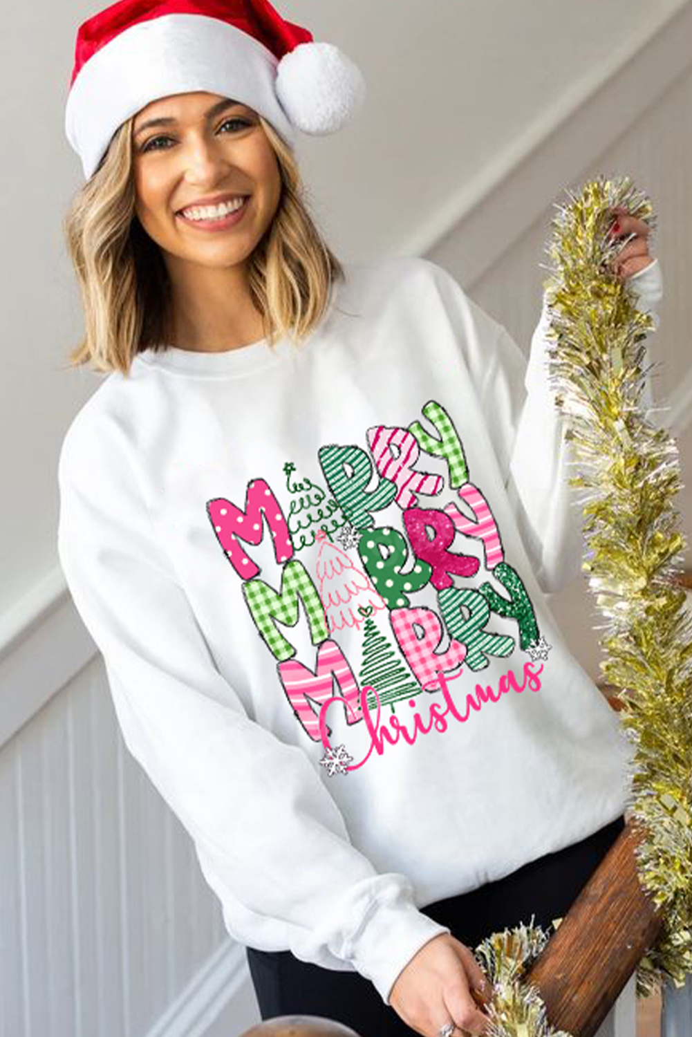 Cozy Casual Beige Sweatshirt with MERRY Christmas Graphic for Holiday Spirit - Detail View 6 Cozy Casual Beige Sweatshirt with MERRY Christmas Graphic for Holiday Spirit - Detail View 6