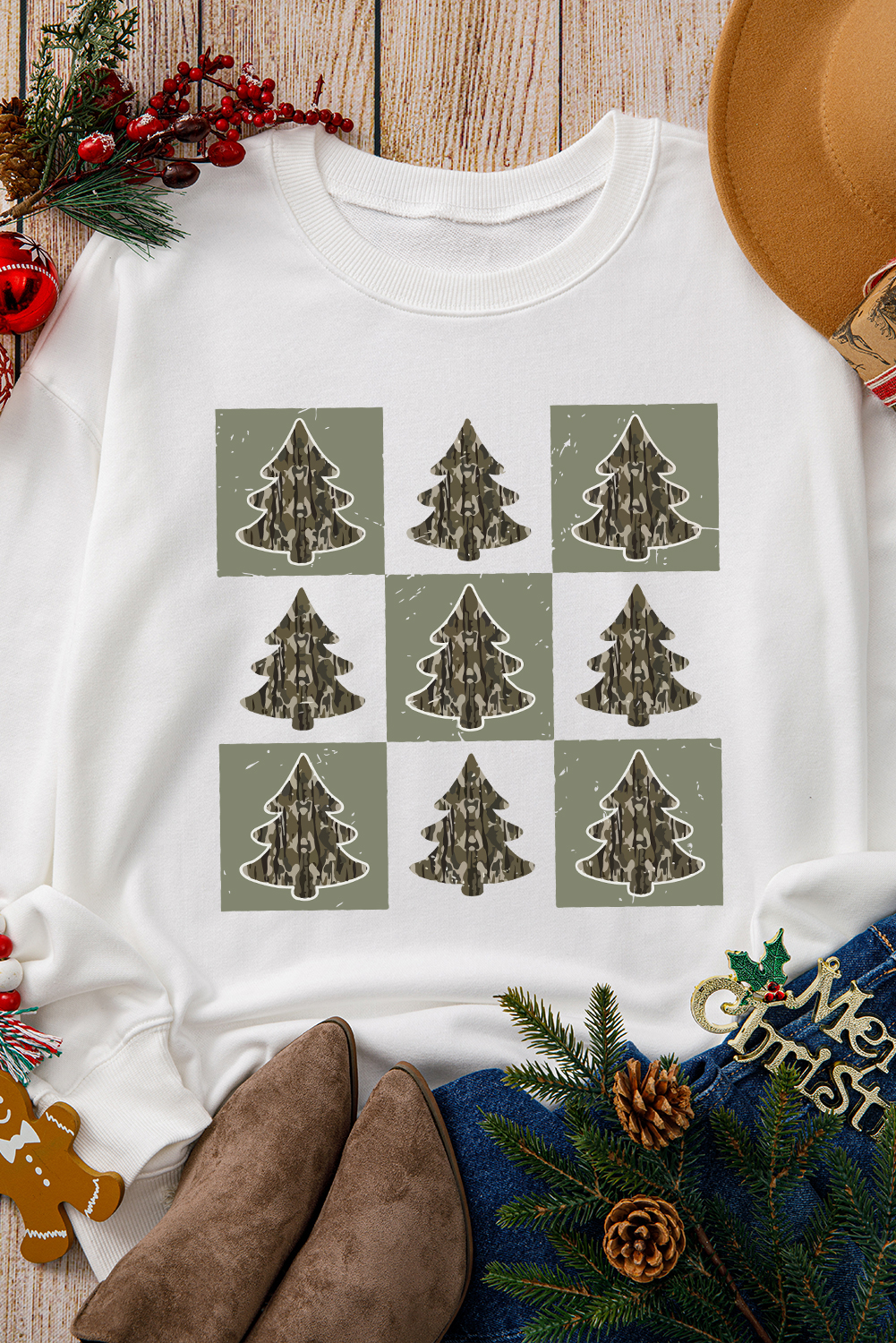 Women's Sweatshirt, Beige, Christmas Tree Print, Checker Pattern, Drop Shoulder, Long Sleeve, Casual Style, Graphic Sweatshirt, Crew Neck, Relaxed Fit, Everyday Wear, Fall Fashion, Autumn Collection - Detail View 8 Women's Sweatshirt, Beige, Christmas Tree Print, Checker Pattern, Drop Shoulder, Long Sleeve, Casual Style, Graphic Sweatshirt, Crew Neck, Relaxed Fit, Everyday Wear, Fall Fashion, Autumn Collection - Detail View 8