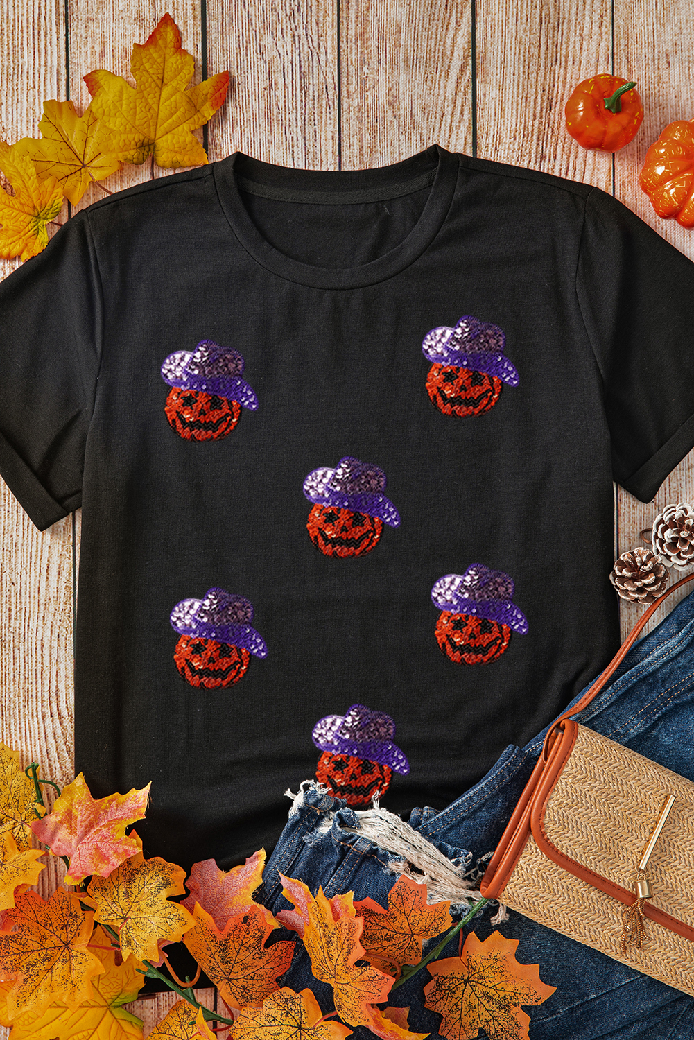 Halloween T-Shirt with Sequined Hat Pumpkin Graphic - Black - Detail View 7 Halloween T-Shirt with Sequined Hat Pumpkin Graphic - Black - Detail View 7