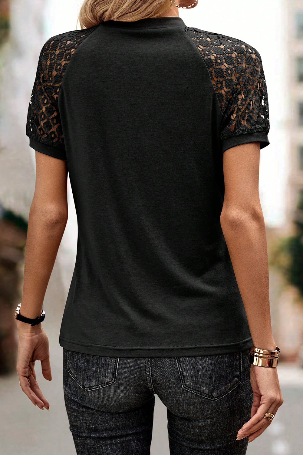Sophisticated Lace Raglan Tee, Solid Black Summer Daily Top - Detail View 3 Sophisticated Lace Raglan Tee, Solid Black Summer Daily Top - Detail View 3