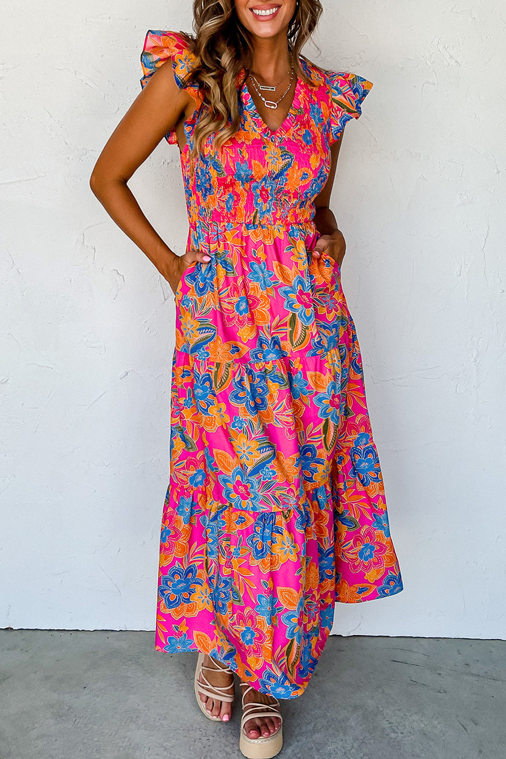 Boho Floral Summer Dress, Rose Red Ruffle Tiered Maxi Fit - Detail View 5 Boho Floral Summer Dress, Rose Red Ruffle Tiered Maxi Fit - Detail View 5