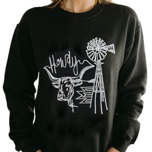 Women's Black Embroidered Howdy Cow Western Graphic Crew Neck Sweatshirt - Main View