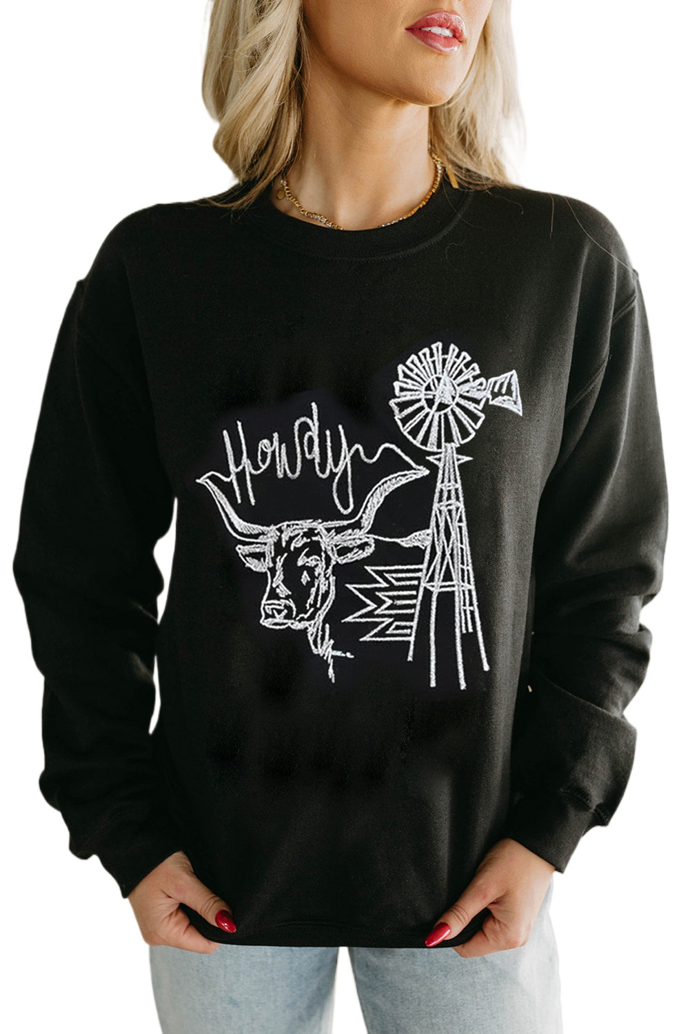 Women's Black Embroidered Howdy Cow Western Graphic Crew Neck Sweatshirt - Main View Women's Black Embroidered Howdy Cow Western Graphic Crew Neck Sweatshirt - Main View