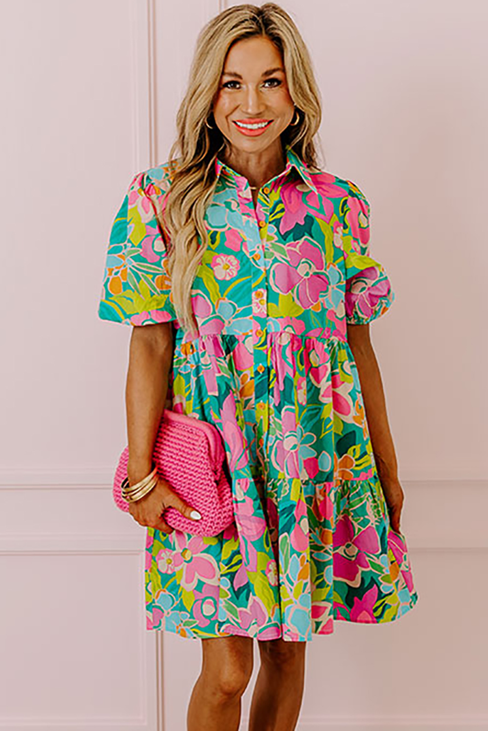 Women's Green Floral Puff Sleeve Collar Buttoned Babydoll Dress - Detail View 6 Women's Green Floral Puff Sleeve Collar Buttoned Babydoll Dress - Detail View 6