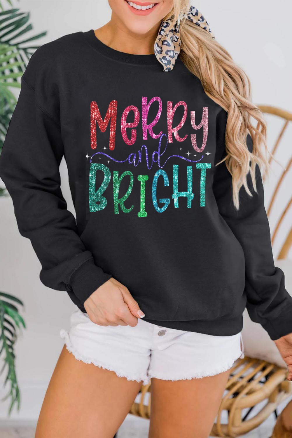 Festive Long Sleeve Black Sweatshirt with Dazzling 'Merry and Bright' Print - Detail View 2 Festive Long Sleeve Black Sweatshirt with Dazzling 'Merry and Bright' Print - Detail View 2