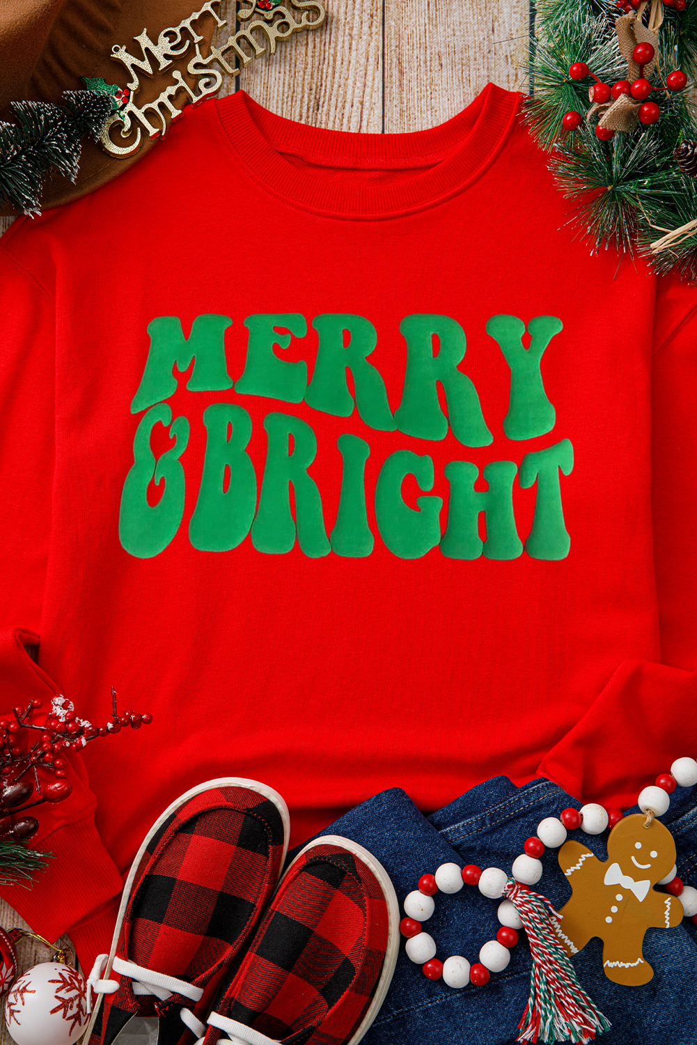 Casual Long Sleeve Graphic Sweatshirt with Puffy Letter Design - MERRY & BRIGHT - Detail View 6 Casual Long Sleeve Graphic Sweatshirt with Puffy Letter Design - MERRY & BRIGHT - Detail View 6