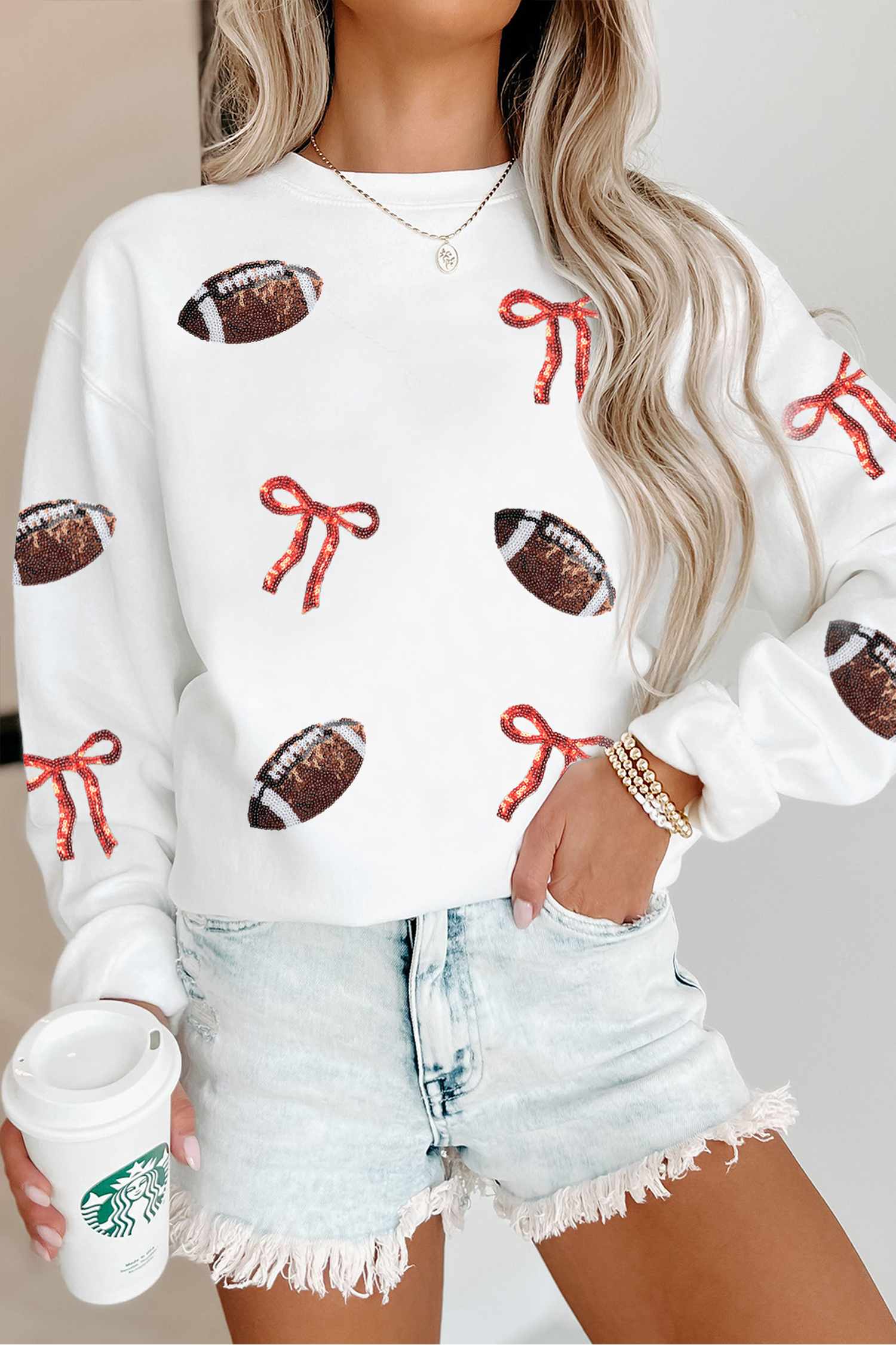 White Sequin Football Sweatshirt, Long Sleeve Game Day Top - Detail View 2 White Sequin Football Sweatshirt, Long Sleeve Game Day Top - Detail View 2