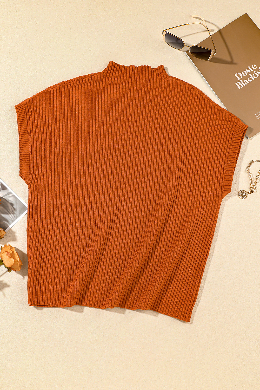 Women's Short Sleeve Knit Top, Casual Fall Mock Neck Style - Detail View 6 Women's Short Sleeve Knit Top, Casual Fall Mock Neck Style - Detail View 6