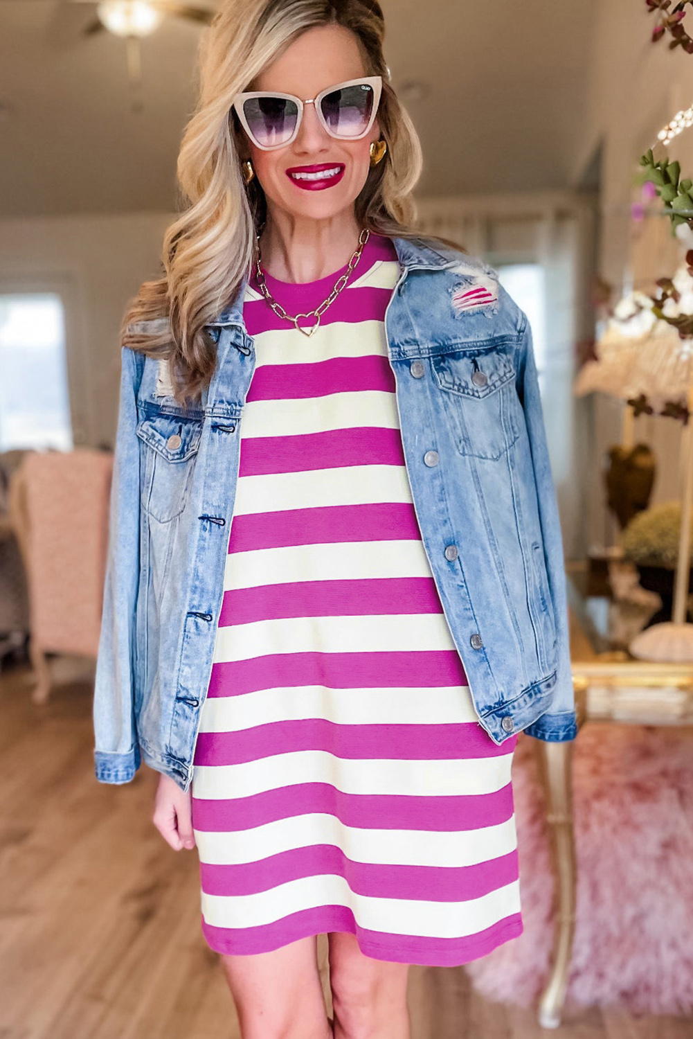 Casual Striped T-shirt Dress: Rose Stripe Mini Dress with Side Pockets - Detail View 2 Casual Striped T-shirt Dress: Rose Stripe Mini Dress with Side Pockets - Detail View 2