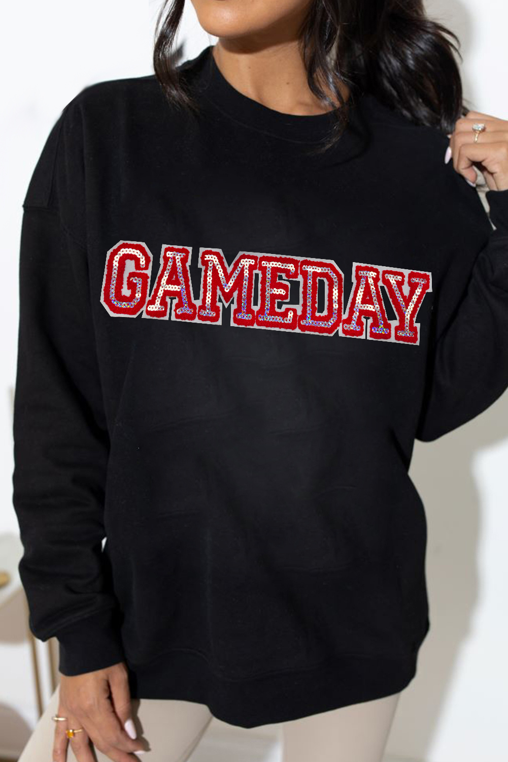Casual and Fun Graphic Sweatshirt for Football Season - Black Sequined Lettering - Detail View 3 Casual and Fun Graphic Sweatshirt for Football Season - Black Sequined Lettering - Detail View 3