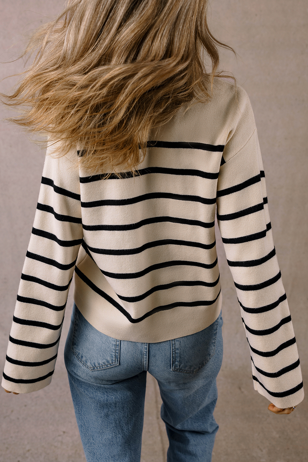 Traditional Knit Cardigan with Flap Pockets - Striped Pattern and Buttoned Front - Detail View 2 Traditional Knit Cardigan with Flap Pockets - Striped Pattern and Buttoned Front - Detail View 2
