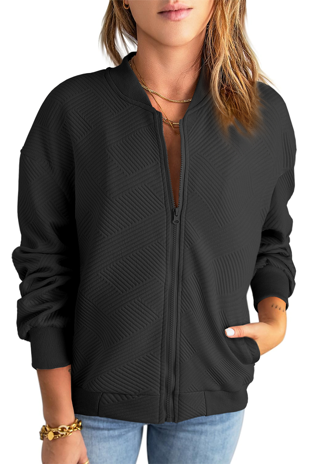 Women's Black Solid Textured Stand Neck Zipper Bomber Jacket - Detail View 11 Women's Black Solid Textured Stand Neck Zipper Bomber Jacket - Detail View 11