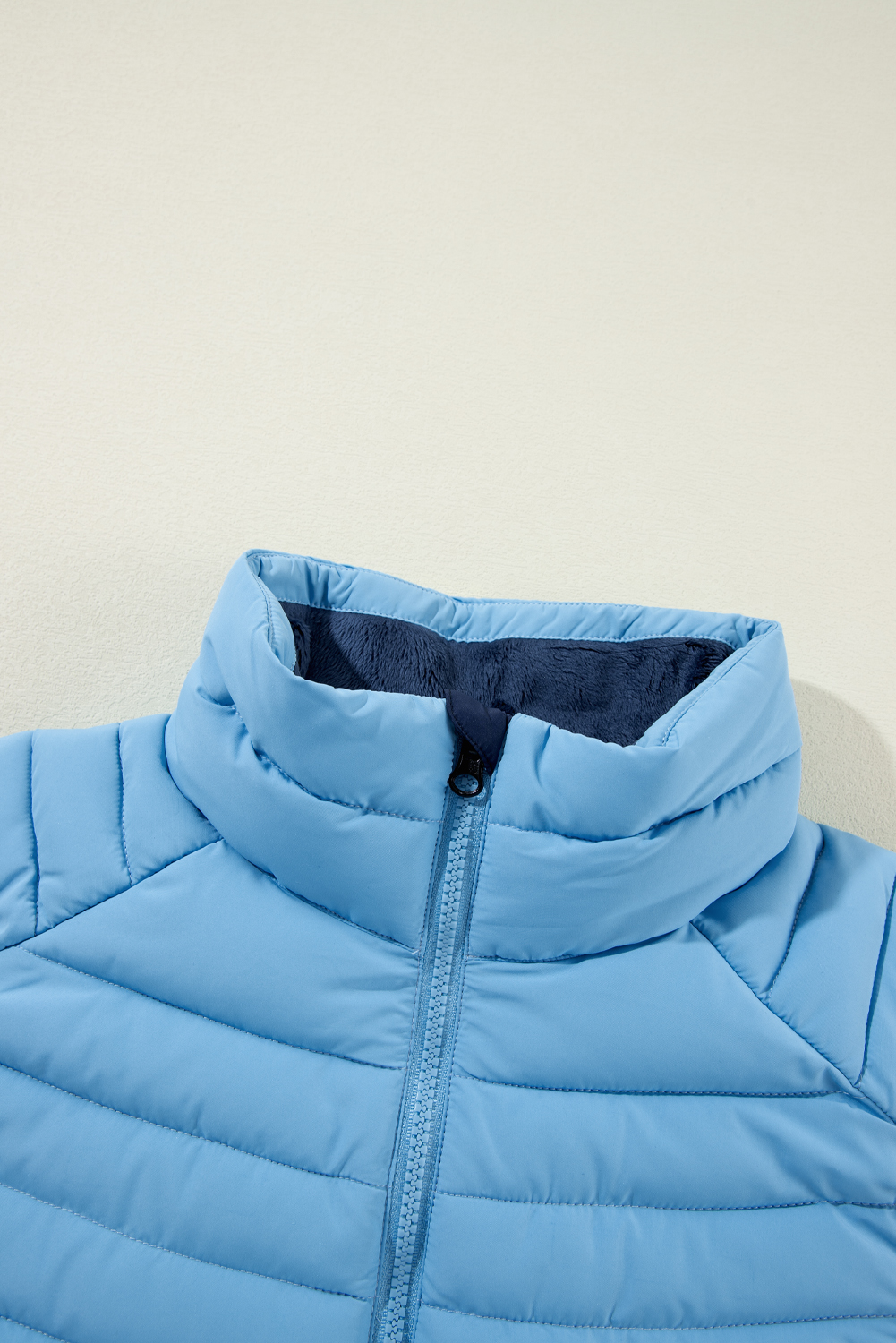 Women's Sky Blue Plush Collared Quilted Zipped Puffer Vest for Winter Style - Detail View 21 Women's Sky Blue Plush Collared Quilted Zipped Puffer Vest for Winter Style - Detail View 21