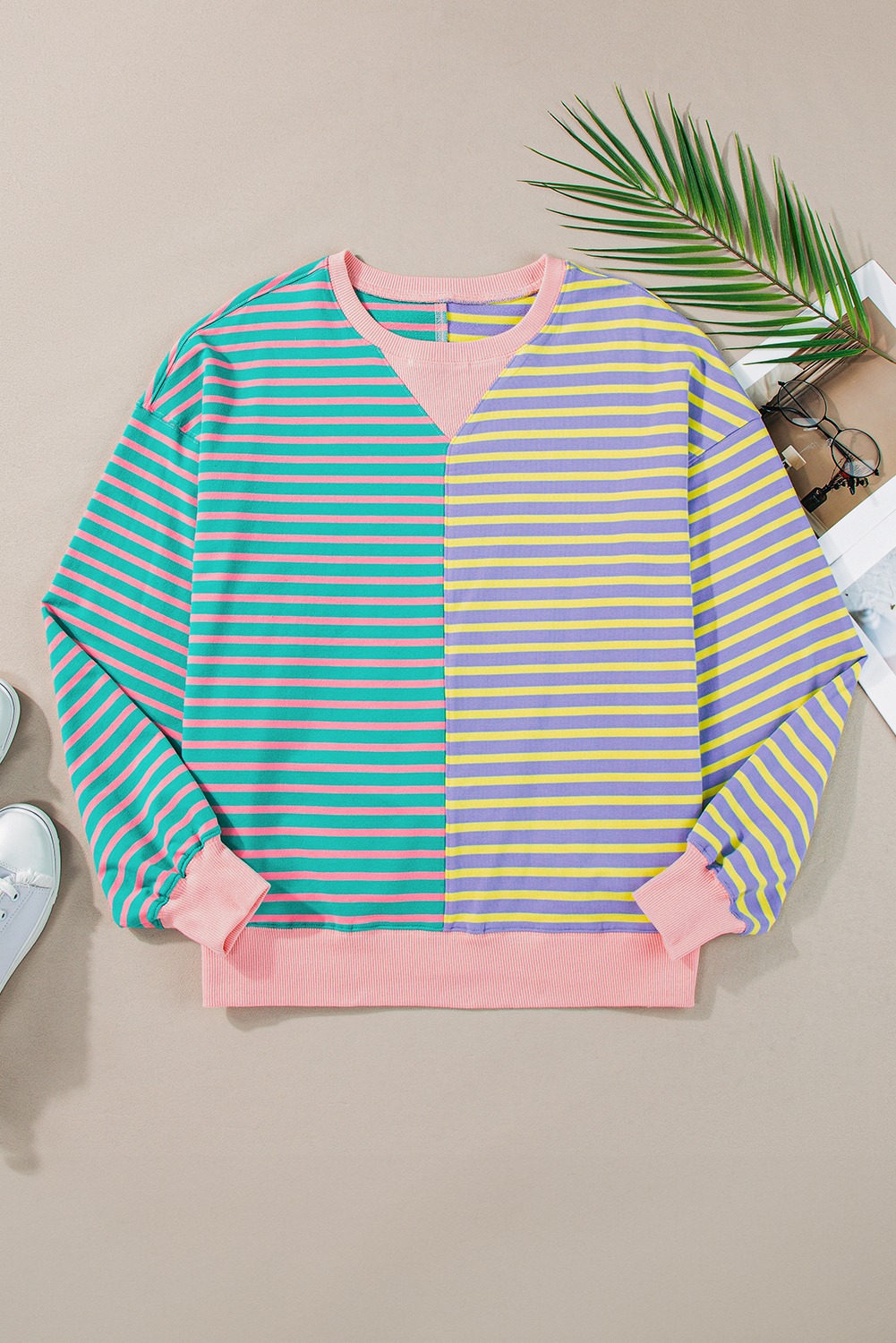 Women's Casual Oversize Sweatshirt: Stripe Colorblock Design - Detail View 6 Women's Casual Oversize Sweatshirt: Stripe Colorblock Design - Detail View 6