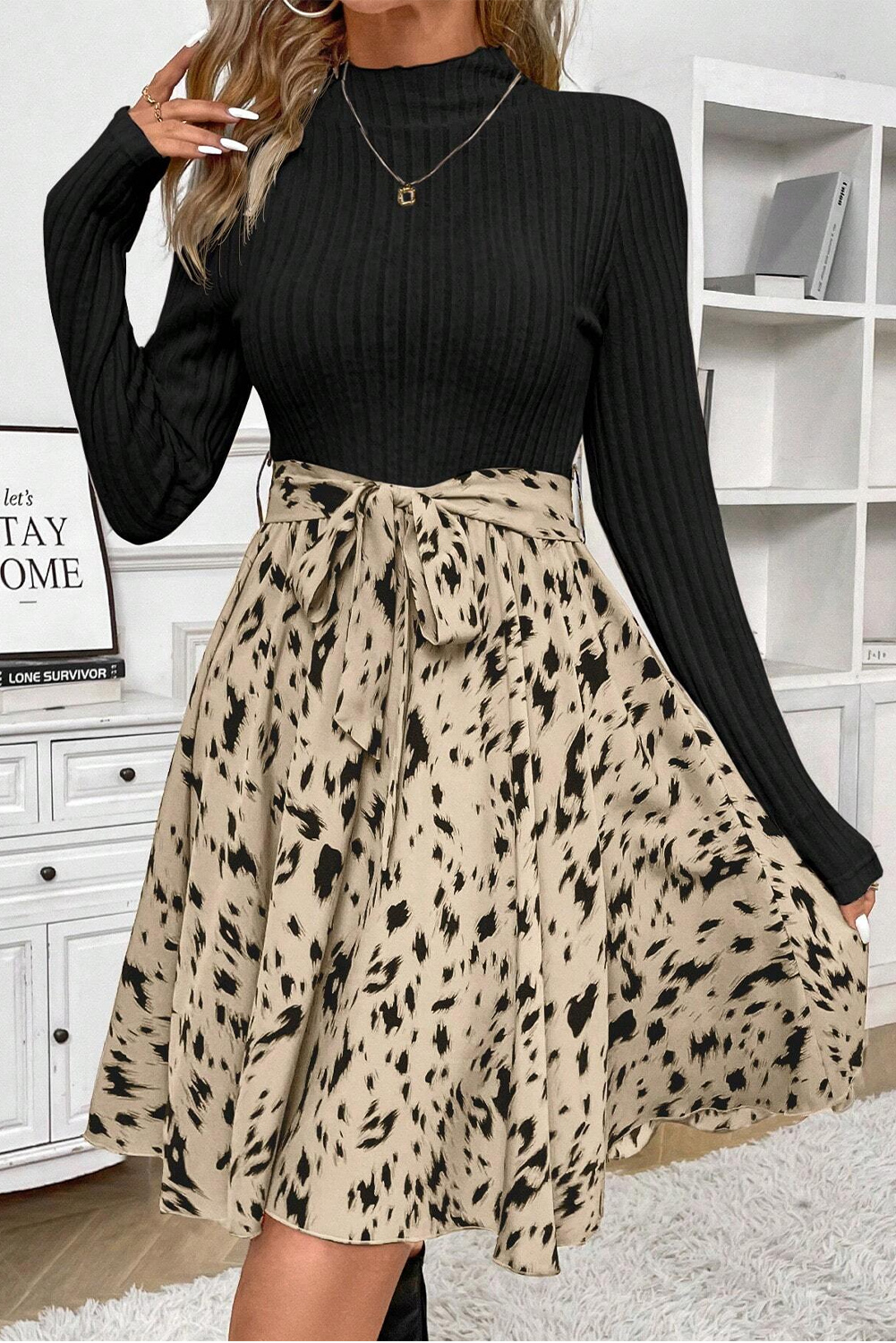 Women's Black Patchwork Printed Belted A-line Mini Dress - Detail View 6 Women's Black Patchwork Printed Belted A-line Mini Dress - Detail View 6
