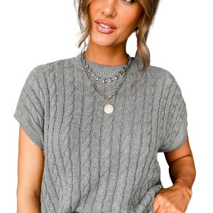 Women's Gray Cable Knit Sweater, Casual Short Sleeve Top - Main View