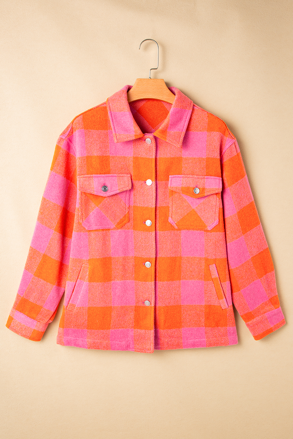 Casual and Chic Long Sleeve Plaid Jacket with Chest Pockets - Orange - Detail View 7 Casual and Chic Long Sleeve Plaid Jacket with Chest Pockets - Orange - Detail View 7