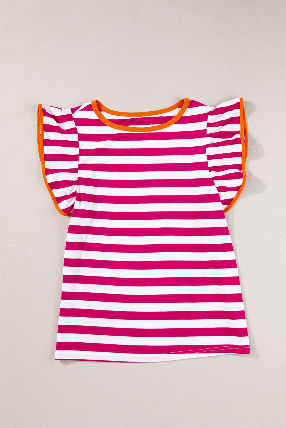 Add a touch of femininity to your everyday look with this Women's Soft Rose Red Striped Ruffle Sleeve Crew Neck Blouse. Featuring a timeless striped pattern, this blouse provides a chic and versatile look. The ruffle sleeves add a playful and charming touch, while the comfortable crew neck design ensures a relaxed fit. The slim fit of the blouse creates a flattering silhouette, making it suitable for a variety of occasions. Made from a soft blend of 50% viscose, 45% polyester, and 5% elastane, this blouse is both durable and gentle on the skin. Whether you're heading to work or simply want to elevate your casual look, this blouse is a must-have addition to your wardrobe. Its delicate cuttings and attractive prices make it an affordable and stylish choice. - Detail View 4 Add a touch of femininity to your everyday look with this Women's Soft Rose Red Striped Ruffle Sleeve Crew Neck Blouse. Featuring a timeless striped pattern, this blouse provides a chic and versatile look. The ruffle sleeves add a playful and charming touch, while the comfortable crew neck design ensures a relaxed fit. The slim fit of the blouse creates a flattering silhouette, making it suitable for a variety of occasions. Made from a soft blend of 50% viscose, 45% polyester, and 5% elastane, this blouse is both durable and gentle on the skin. Whether you're heading to work or simply want to elevate your casual look, this blouse is a must-have addition to your wardrobe. Its delicate cuttings and attractive prices make it an affordable and stylish choice. - Detail View 4