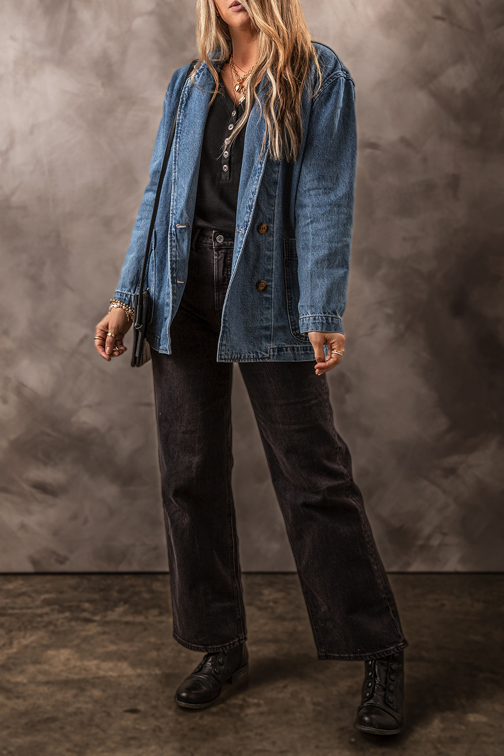 Women's Chic Sail Blue Lapel Collar Denim Jacket with Side Pockets - Detail View 6 Women's Chic Sail Blue Lapel Collar Denim Jacket with Side Pockets - Detail View 6