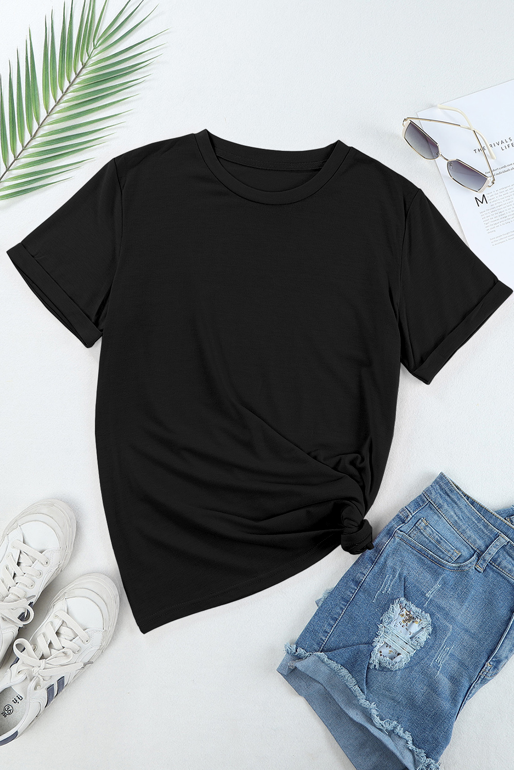 Women's Black Crew Neck Tee, Casual Short Sleeve Summer Top - Detail View 7 Women's Black Crew Neck Tee, Casual Short Sleeve Summer Top - Detail View 7