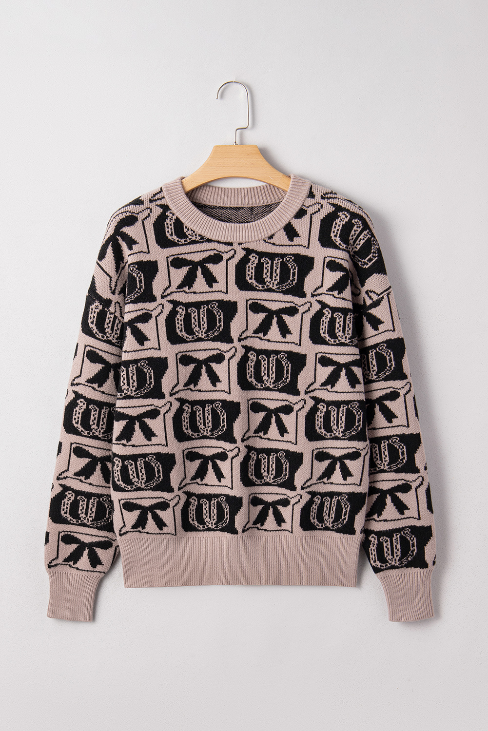 Chic Bow Pattern Long Sleeve Sweater, Cozy Fall Western Wear - Detail View 3 Chic Bow Pattern Long Sleeve Sweater, Cozy Fall Western Wear - Detail View 3