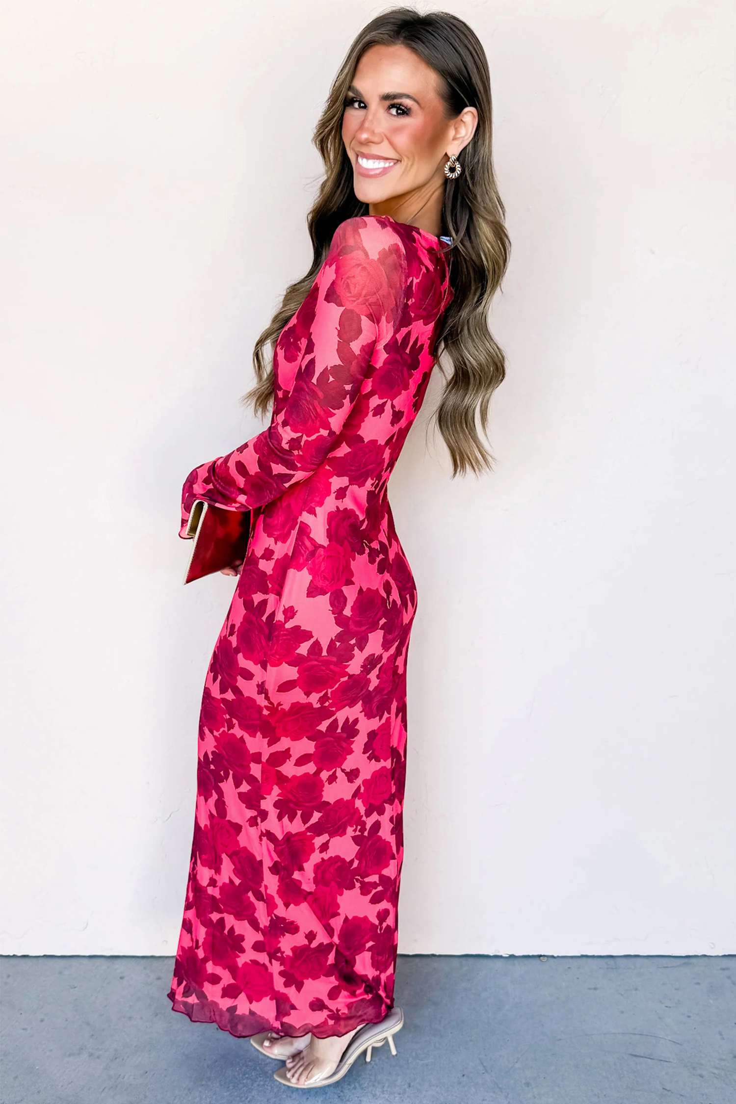 Women's Floral Long Sleeve Dress, Elegant Red Sheath Gown - Detail View 7 Women's Floral Long Sleeve Dress, Elegant Red Sheath Gown - Detail View 7
