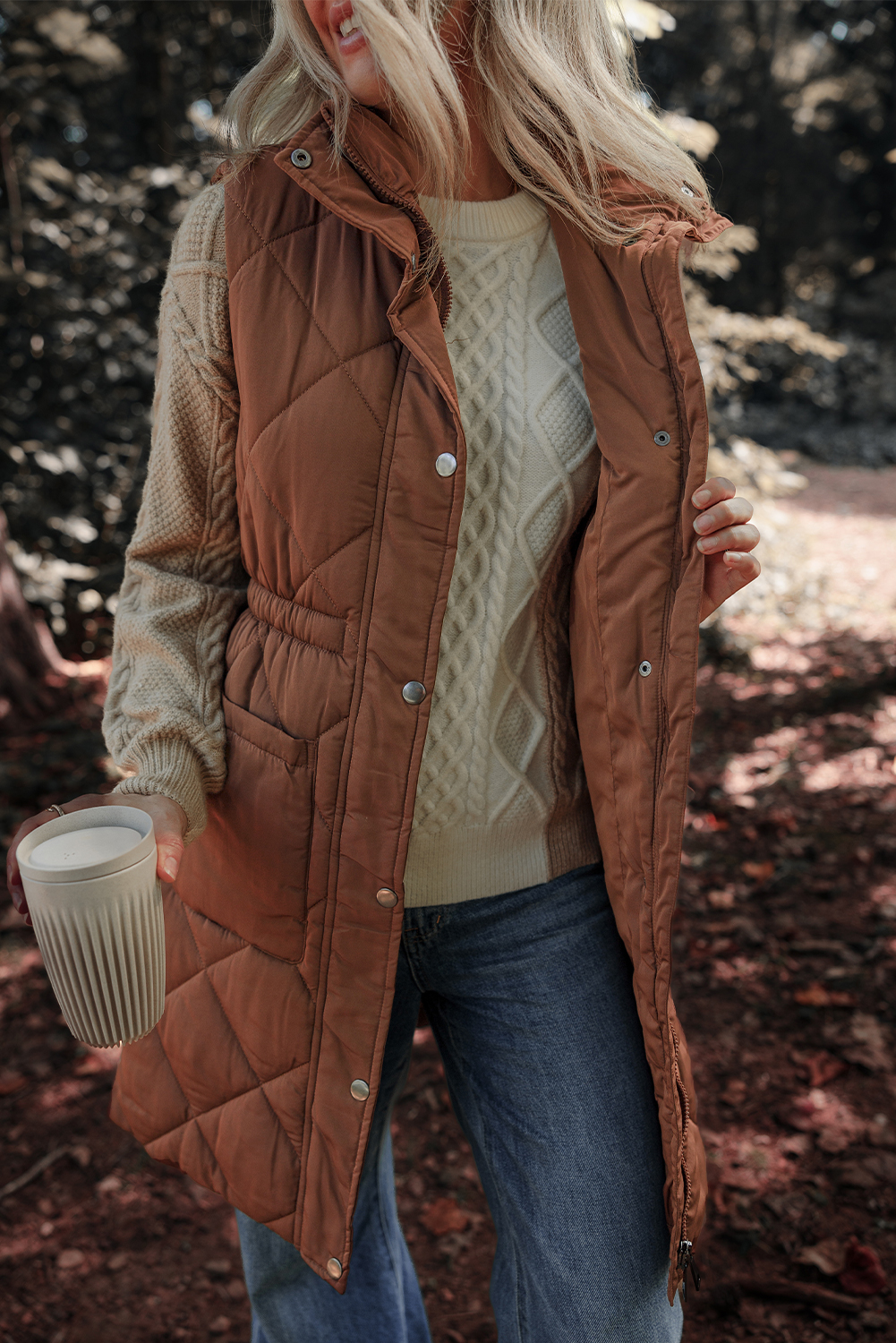 Warm and Stylish Puffer Vest with Quilted Design and Stand Collar - Coffee - Detail View 7 Warm and Stylish Puffer Vest with Quilted Design and Stand Collar - Coffee - Detail View 7