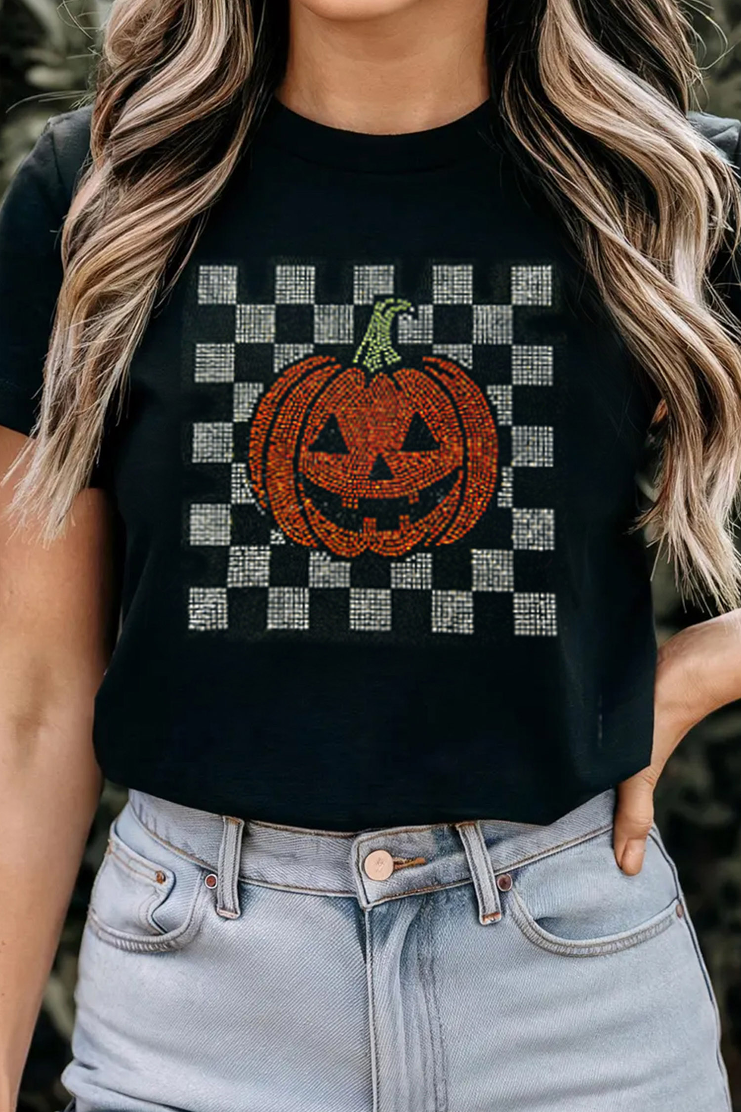 Soft Cotton Blend Pumpkin Tee, Rhinestone Halloween Top - Detail View 3 Soft Cotton Blend Pumpkin Tee, Rhinestone Halloween Top - Detail View 3