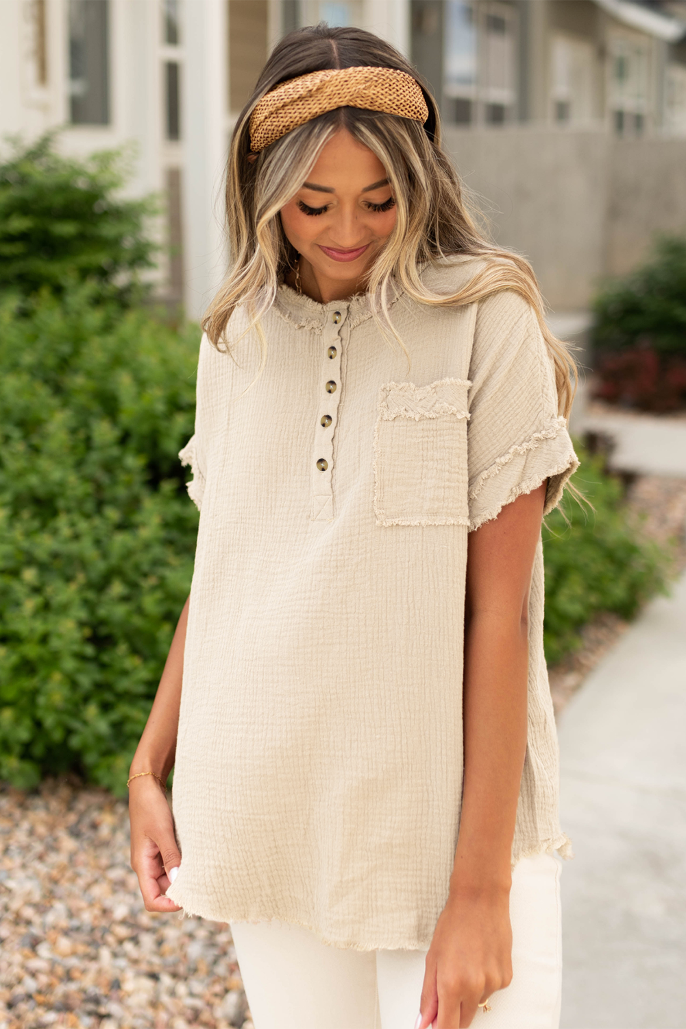 Short Sleeve Cotton Henley, Textured Parchment Summer Top - Detail View 8 Short Sleeve Cotton Henley, Textured Parchment Summer Top - Detail View 8
