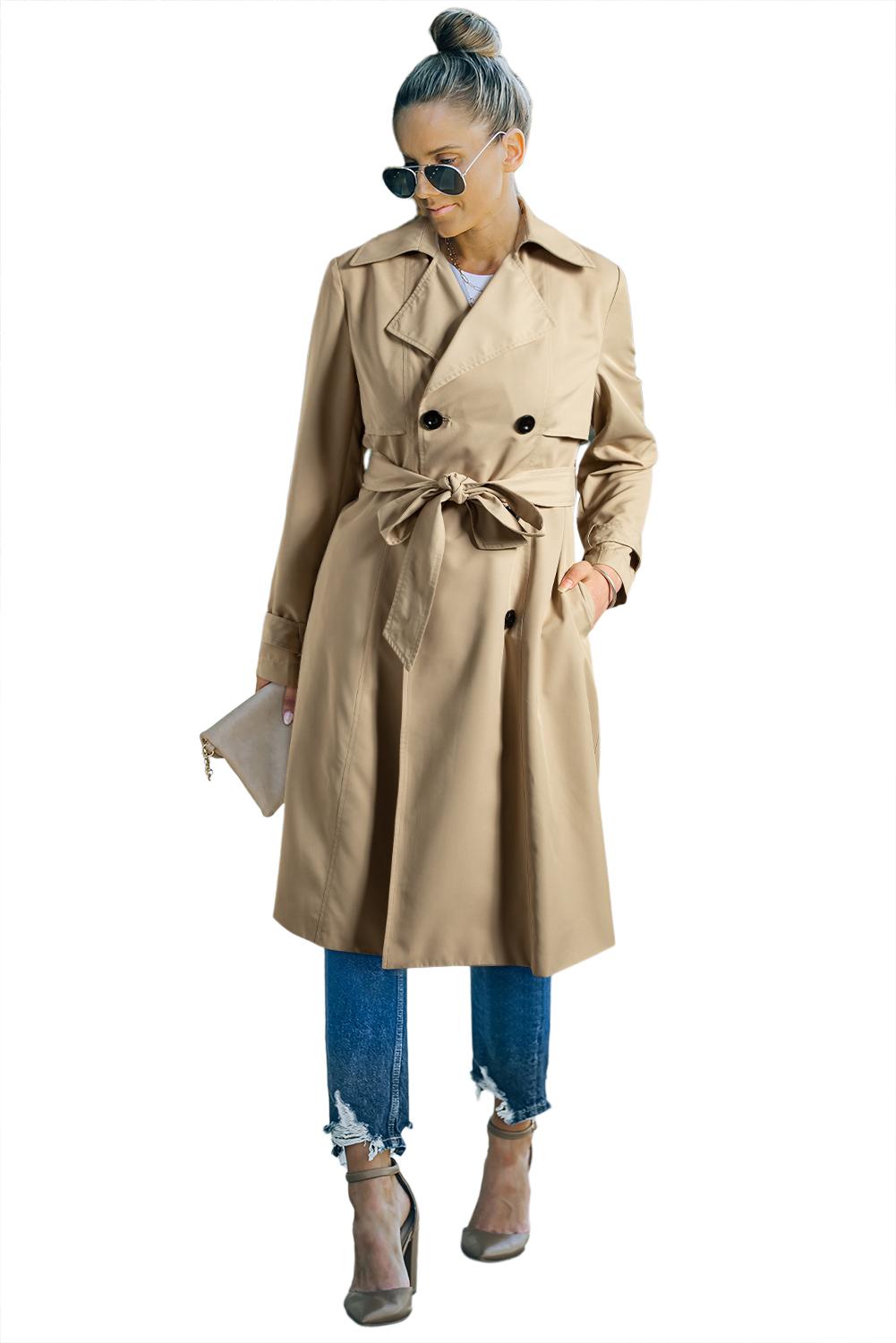 Elegant Long Sleeve Pale Khaki Duster Coat with Waist Tie and Button Closure - Detail View 14 Elegant Long Sleeve Pale Khaki Duster Coat with Waist Tie and Button Closure - Detail View 14