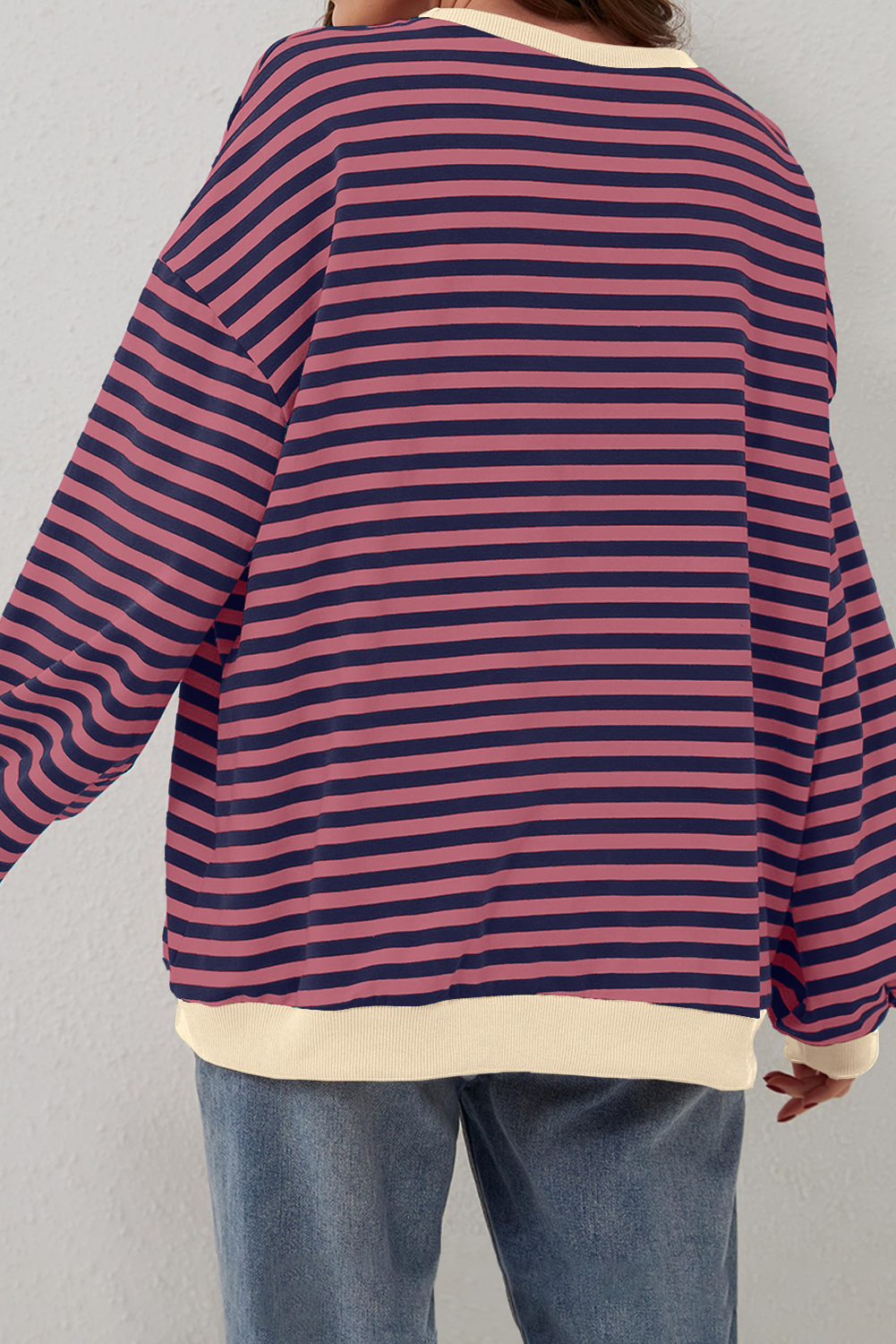 Casual Long Sleeve Sweatshirt: Red Stripe with Drop Shoulder Design - Detail View 7 Casual Long Sleeve Sweatshirt: Red Stripe with Drop Shoulder Design - Detail View 7
