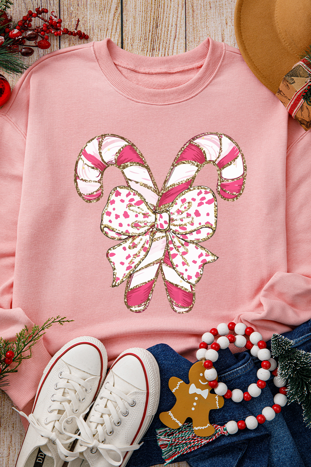 Women's Pink Christmas Bow Candy Cane Graphic Drop Shoulder Crew Neck Sweatshirt - Detail View 9 Women's Pink Christmas Bow Candy Cane Graphic Drop Shoulder Crew Neck Sweatshirt - Detail View 9