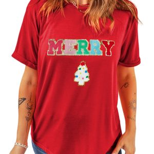 Women's Red Chenille MERRY Christmas Tree Graphic Tee - Festive Holiday Shirt - Main View