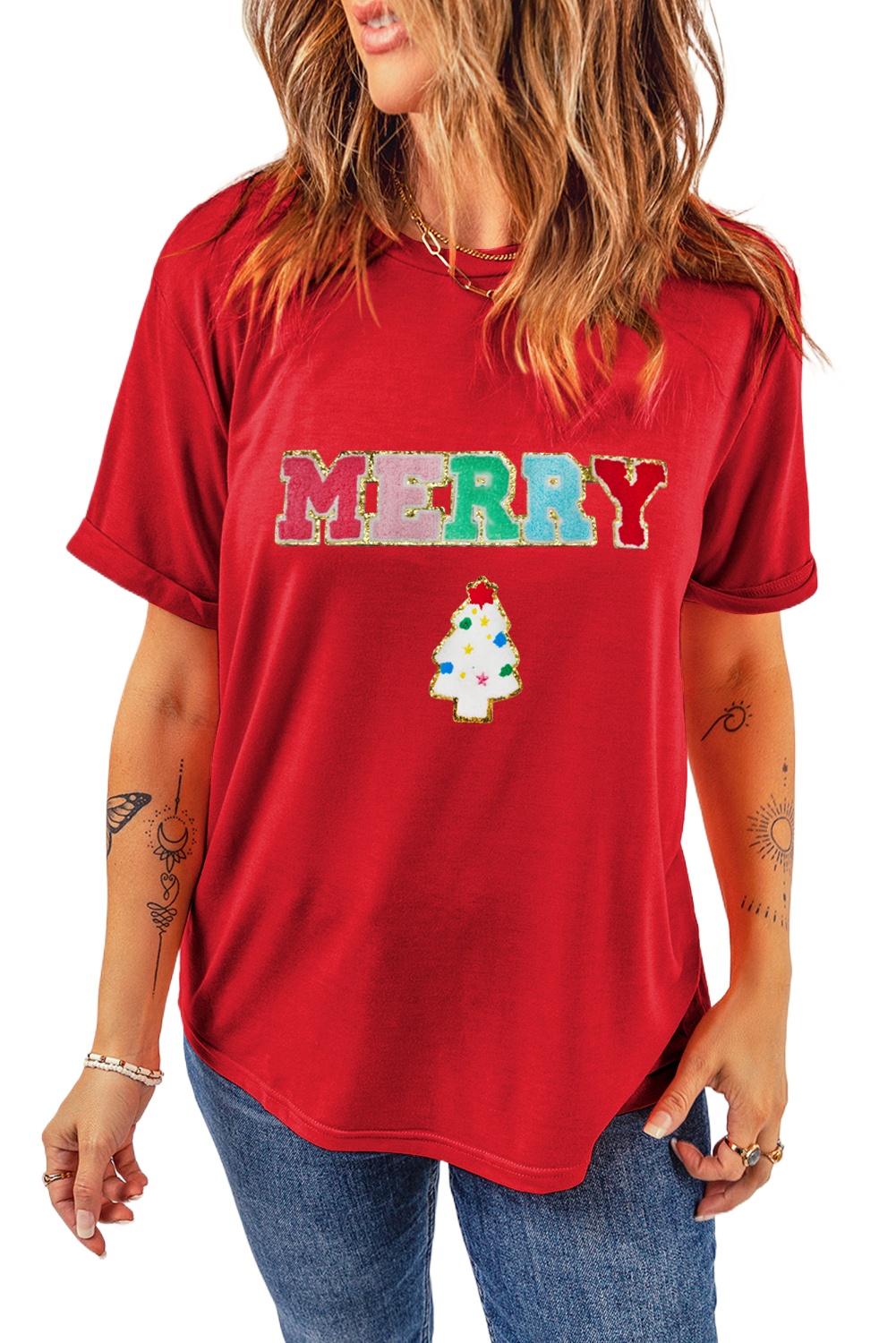 Women's Red Chenille MERRY Christmas Tree Graphic Tee - Festive Holiday Shirt - Main View Women's Red Chenille MERRY Christmas Tree Graphic Tee - Festive Holiday Shirt - Main View
