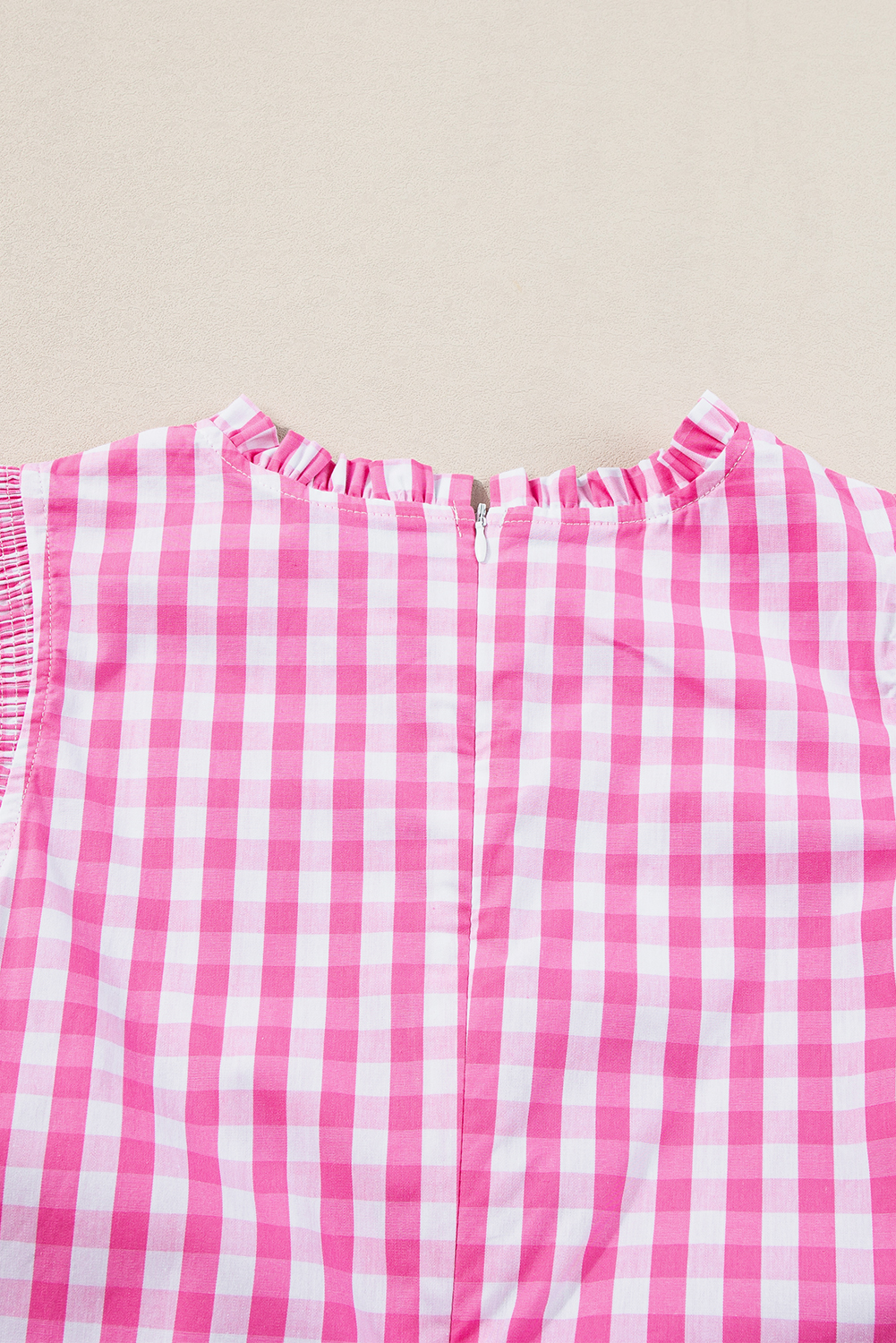 Women's Rose Red Checkered Ruffled Sleeve Frilled Neck Blouse - Detail View 11 Women's Rose Red Checkered Ruffled Sleeve Frilled Neck Blouse - Detail View 11