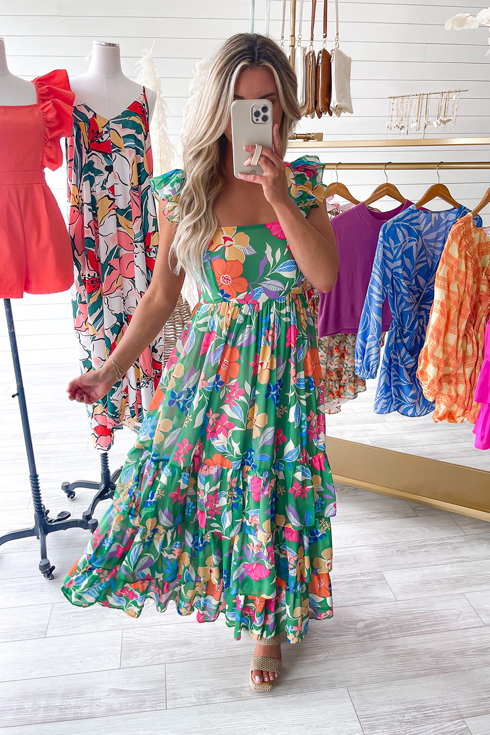 Vibrant Floral Ruffle Tiered Maxi Dress - Perfect for Vacation or Daily Wear - Detail View 2 Vibrant Floral Ruffle Tiered Maxi Dress - Perfect for Vacation or Daily Wear - Detail View 2