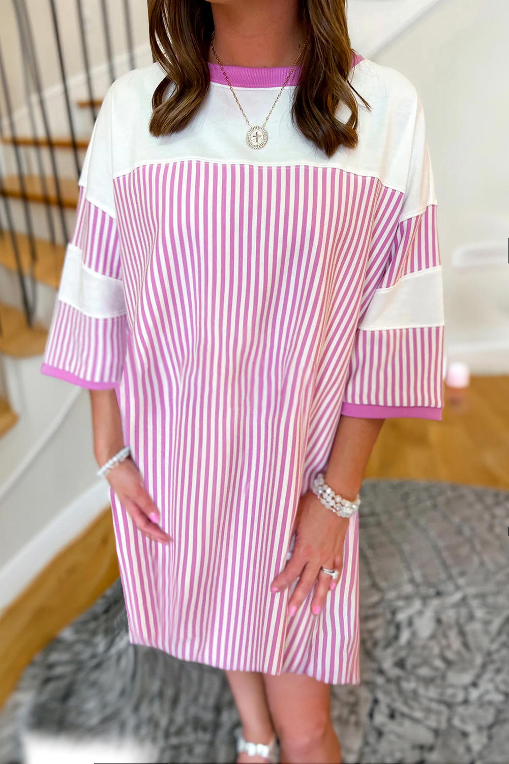 Chic Striped Shift Dress - Three-Quarter Sleeve Casual Mini Dress for Spring - Detail View 2 Chic Striped Shift Dress - Three-Quarter Sleeve Casual Mini Dress for Spring - Detail View 2