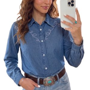 Women's Western Denim Shirt, Long Sleeve Embroidered Top - Main View