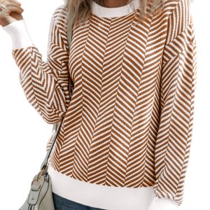 Women's Coffee Contrast Edge Crew Neck Drop Shoulder Sweater - Stylish Casual Wear - Main View