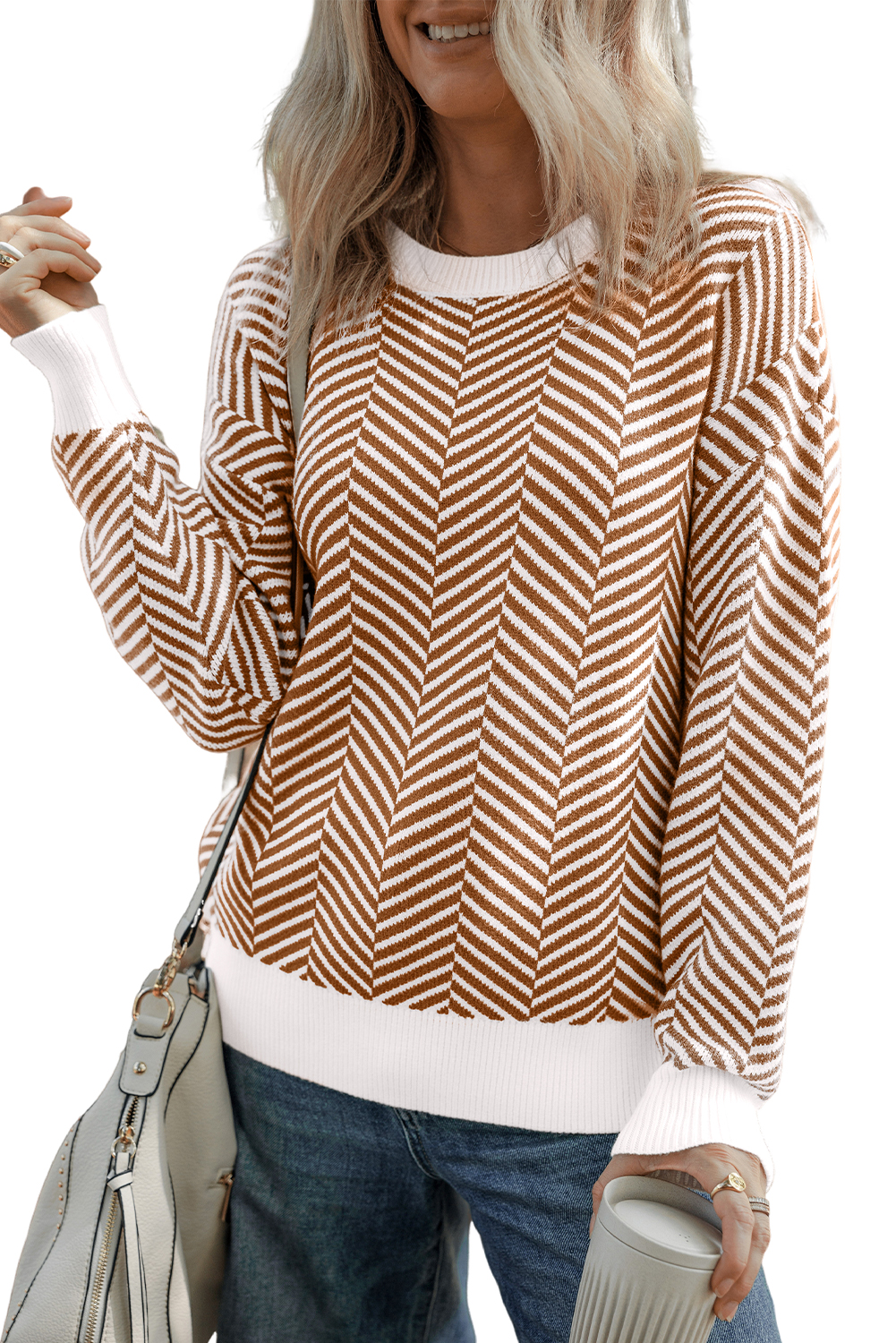 Women's Coffee Contrast Edge Crew Neck Drop Shoulder Sweater - Stylish Casual Wear - Main View Women's Coffee Contrast Edge Crew Neck Drop Shoulder Sweater - Stylish Casual Wear - Main View