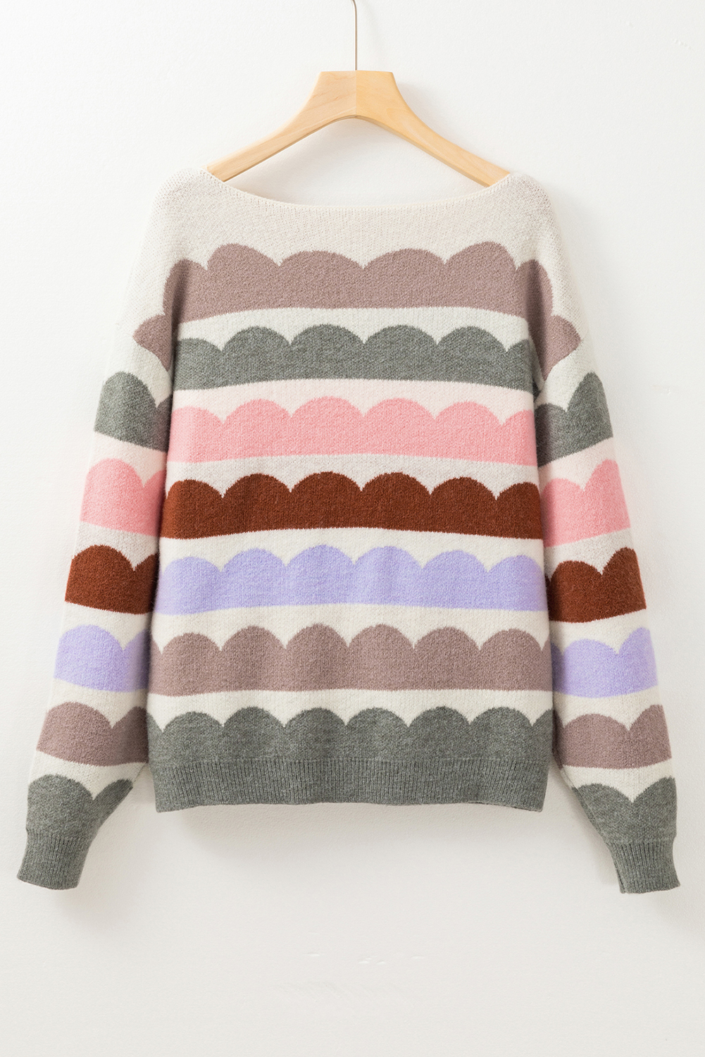 Casual Fall Sweater: Gray Wave Stripe Design with Drop Shoulder Style - Detail View 7 Casual Fall Sweater: Gray Wave Stripe Design with Drop Shoulder Style - Detail View 7