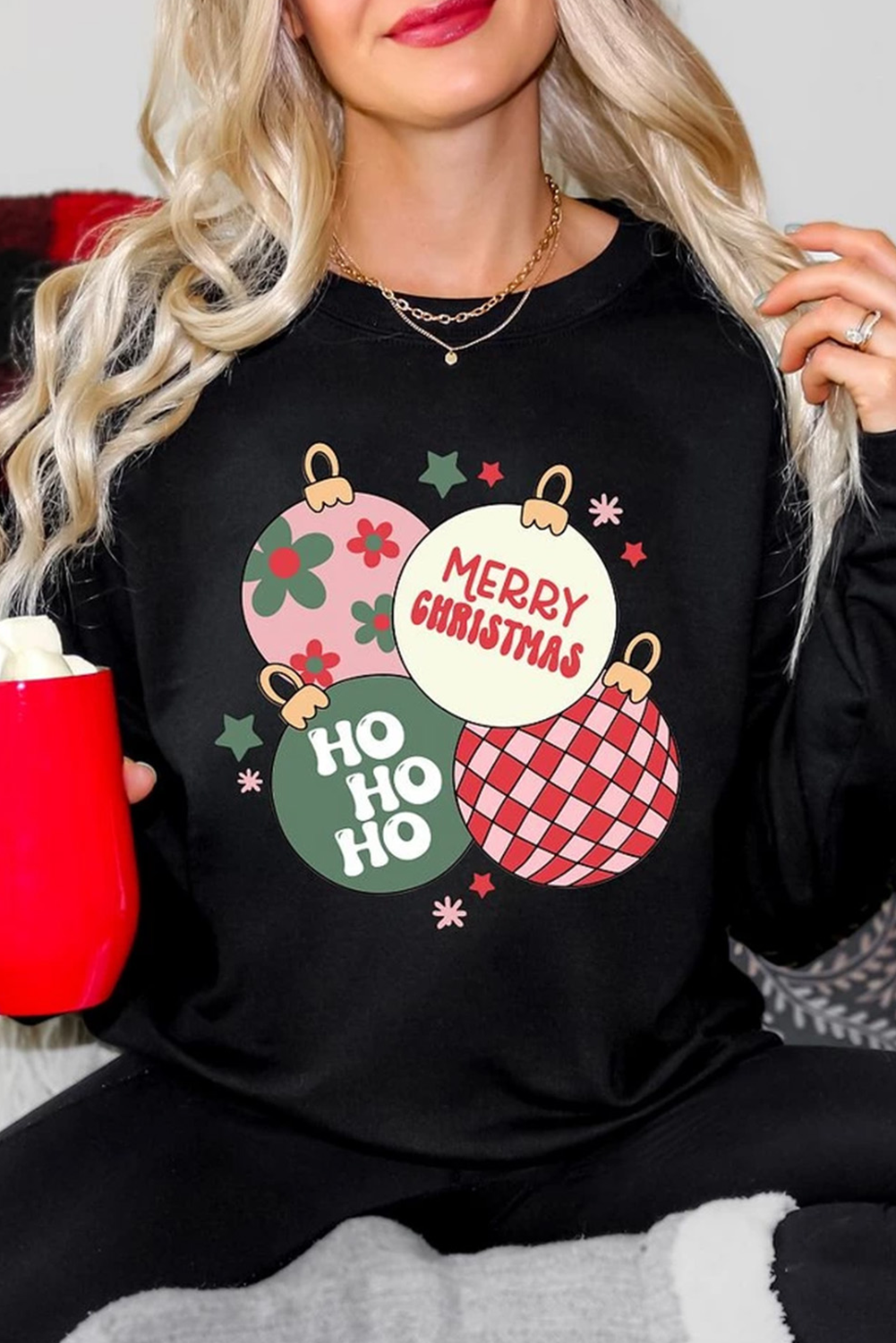 Festive Floral and Letter Printed Black Crewneck Sweatshirt for Women - Detail View 2 Festive Floral and Letter Printed Black Crewneck Sweatshirt for Women - Detail View 2