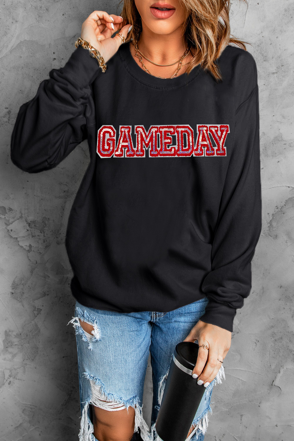 Women's Black Sequined Game Day Rugby Football Season Sweatshirt - Detail View 6 Women's Black Sequined Game Day Rugby Football Season Sweatshirt - Detail View 6